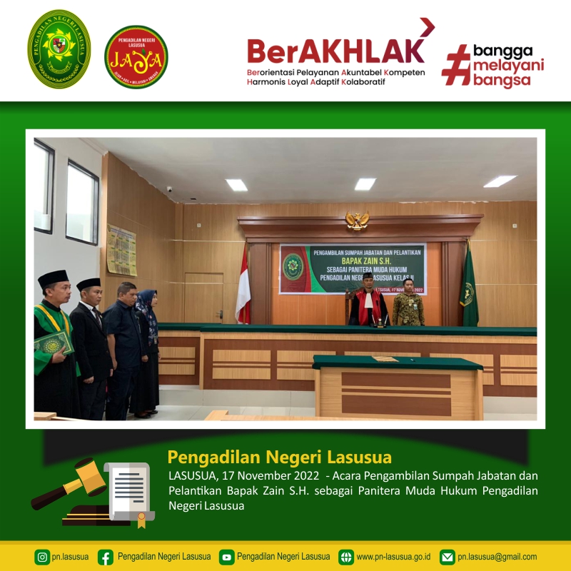 Acara Pengambilan Sumpah Jabatan dan Pelantikan Bapak Zain S.H. sebagai Panitera Muda Hukum Pengadilan Negeri Lasusua